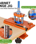 Heavy Duty Metal Concealed Hinge Jig For Cabinet Doors With Integrated 35mm Carbide Drill Bit and Dual Bearing Guide, showing stabilizer rod and depth adjustments.