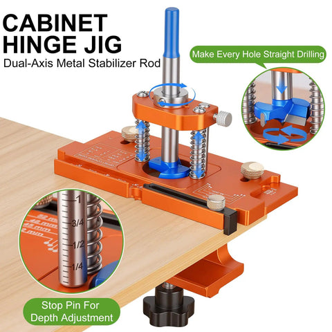 Heavy Duty Metal Concealed Hinge Jig For Cabinet Doors With Integrated 35mm Carbide Drill Bit and Dual Bearing Guide, showing stabilizer rod and depth adjustments.