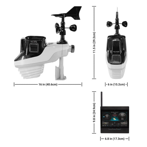 Atlas Pro Weather Station with Direct To Wi Fi HD Display, lightning detection sensor, barometer, dimensions shown