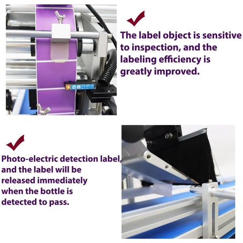 Industrial Grade Automatic Flat Surface Label Applicator With Touchscreen Control And Auto Photo Sensor applying labels to containers.