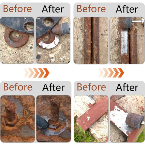 Before and after using Eight Piece Cone Shape Mounted Grinding Stone Set With One Quarter Inch Hex Shank on rusted metal surfaces.