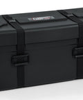 Premium Rotomolded Drum Set Case With Carpet Lined Interior And Removable Tray For Hardware Storage Built Like A Tank To Survive Highway Miles While Keeping Your Rig Secure, black with rubber wheels.