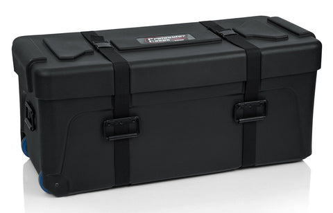 Premium Rotomolded Drum Set Case With Carpet Lined Interior And Removable Tray For Hardware Storage Built Like A Tank To Survive Highway Miles While Keeping Your Rig Secure, black with rubber wheels.