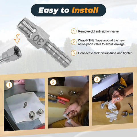Installation guide for Anti Siphon Fuel Line Valve For Boats And Marine Fuel Tanks with aluminum fitting and hose barb
