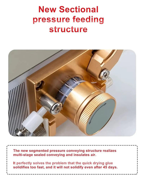 Close-up of Automatic Peristaltic Glue Dispenser with Manual and Auto Modes showing sectional pressure feeding structure.
