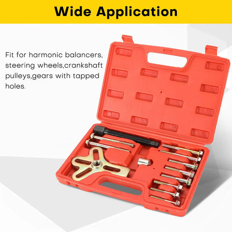 13-piece Harmonic Balancer Steering Wheel Puller Kit in red carry case for crankshaft pulley removal
