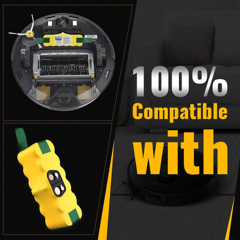 Roomba Replacement Battery 14.4V 5200mAh NiMH Two Pack For iRobot Roomba R3 And 500 600 Series Models shown in yellow packaging