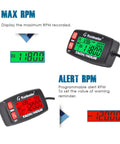 Hour Meter And RPM Tachometer With RPM Alert One Button Data Check Total Engine Hours Dual SVC And SVC2 Countdown Timers Resettable Job Timer Red Button Edition For Easy On The Fly Engine Monitoring displaying max RPM and alert RPM
