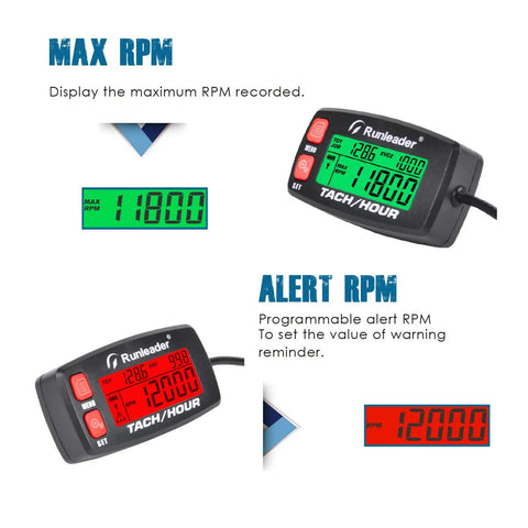 Hour Meter And RPM Tachometer With RPM Alert One Button Data Check Total Engine Hours Dual SVC And SVC2 Countdown Timers Resettable Job Timer Red Button Edition For Easy On The Fly Engine Monitoring displaying max RPM and alert RPM