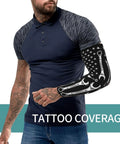 American Flag Stretch Arm Sleeves With Soft Fit Material For Ace Sun Protection UV Blocking Stay Cool And Look Fly Perfect For Road Workouts And Weekend Rides, worn by a tattooed man in blue shirt.