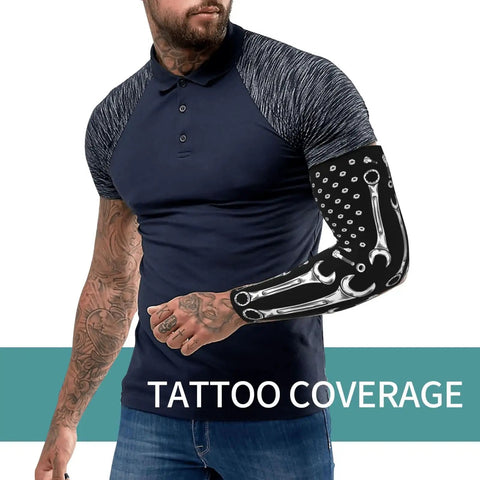 American Flag Stretch Arm Sleeves With Soft Fit Material For Ace Sun Protection UV Blocking Stay Cool And Look Fly Perfect For Road Workouts And Weekend Rides, worn by a tattooed man in blue shirt.