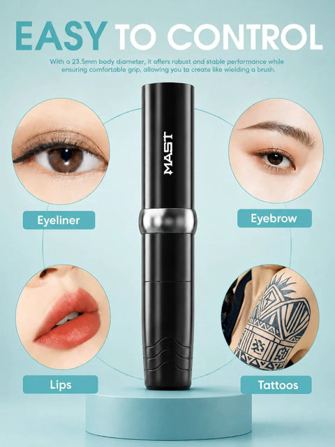 Cordless Tattoo Gun Kit 118g Lightweight Rotary Pen With 2 To 10V Adjustable Voltage illustrating eyeliner, eyebrow, lips, tattoos.