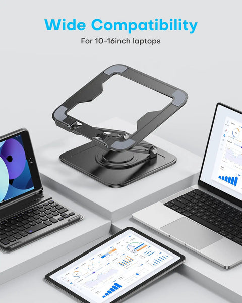Grab And Go Portable Laptop Stand With 360 Degree Rotation Base displayed with various devices on a desk