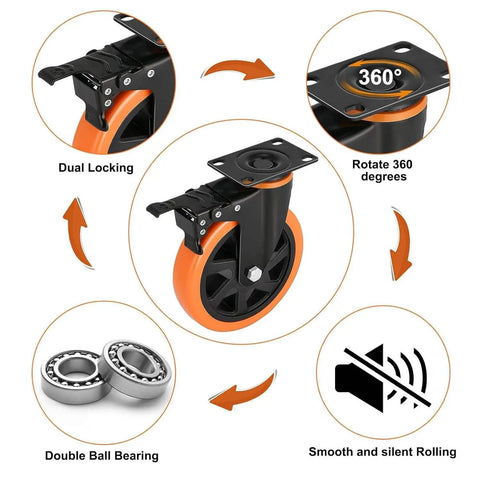 Rock Solid 6 Inch Polyurethane Swivel Casters Built For 1390 Lb Weight Rating With Reliable Dual Locking Brakes For Rough Shop Carts And Heavy Hauling Rigs Plus Easy Bolt On Setup 360 degree rotation and dual locking mechanism.