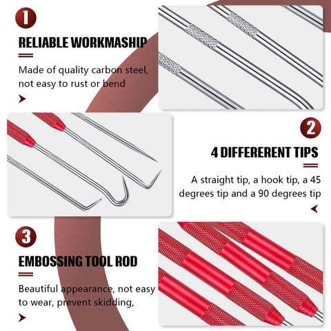 Professional Grade Grip Tight 4 Piece Hook And Pick Tool Set Double Pointed Scribe with red knurled grips and carbon steel tips.