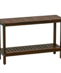 All Weather Patio Bar Table And Console With Two Shelves, 48 Inch Solid Wood, Espresso Finish, Adjustable Feet, Outdoor Ready
