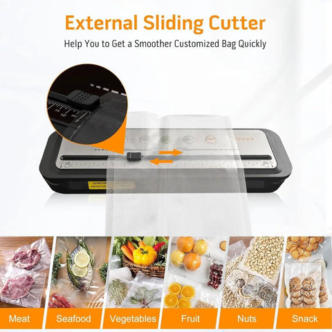 Heavy Duty Auto Vacuum Food Sealer Machine With 80Kpa Strong Suction And One Touch Operation showing the external sliding cutter in use.