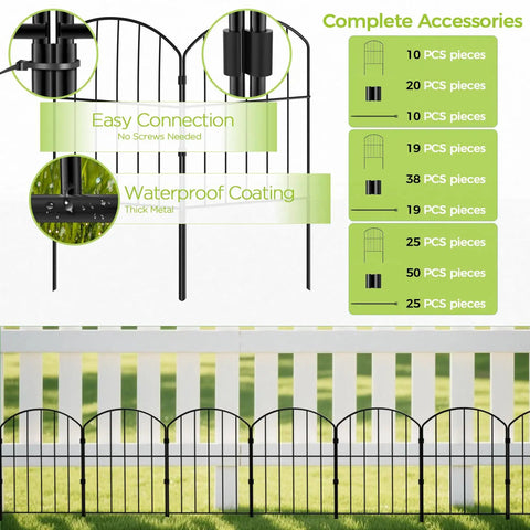 Decorative Garden Fence For Yard And Patio, Rustproof Black Metal Barrier Panels, 10-Panel Set with waterproof coating and easy connection features.