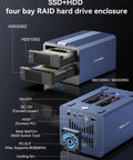 Ultimate 4 Bay Hybrid Raid Enclosure For 3.5 And 2.5 Inch Sata Drives Plus Dual Nvme Ssd Bays showing SSD and HDD slots.