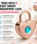 Dope Heart Shaped Fingerprint Padlock In Rose Gold Small Smart Lock For Gym Lockers Backpack School Mailbox Travel Case Valentines Gift For Her Engraved With Love Is Forever displayed with features