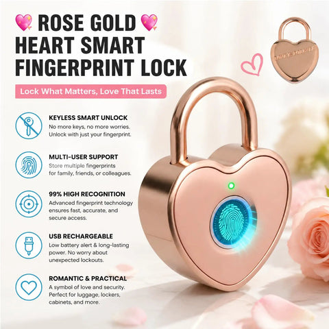 Dope Heart Shaped Fingerprint Padlock In Rose Gold Small Smart Lock For Gym Lockers Backpack School Mailbox Travel Case Valentines Gift For Her Engraved With Love Is Forever displayed with features