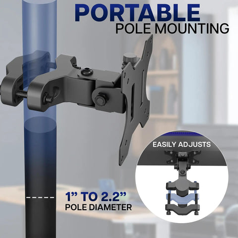 Tough As Nails Steel Monitor Pole Mount With Quick Release Vesa Plates For Up To 30 Inch Displays, adjustable clamp for 1 to 2.2 inch poles.