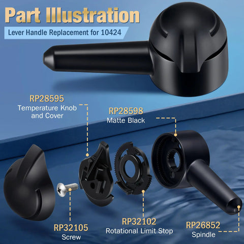 Lever Handle Replacement for 10424 Fits Delta 1700 with matte black finish and component parts illustrated
