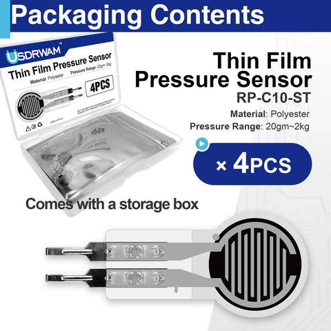 Front view of RP-C10-ST thin film pressure sensor packaging; 4 pcs, polyester, 20g–2kg, with storage box