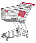 Shopping cart with steel frame and red handle on 5 Inch Heavy Duty Shopping Cart Replacement Wheels Set Of 4 Stem Casters With 0.3125 Inch Bore