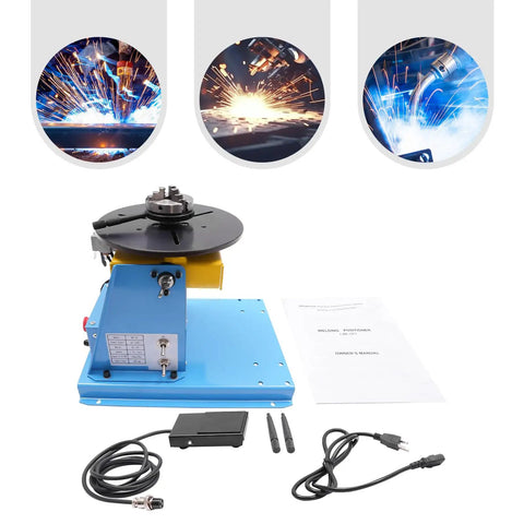 Rock Solid Welding Positioner Rotary Table For Pipe And Tank Jobs With Precision Three Jaw Chuck and heat resistant steel build, blue base, instructions.