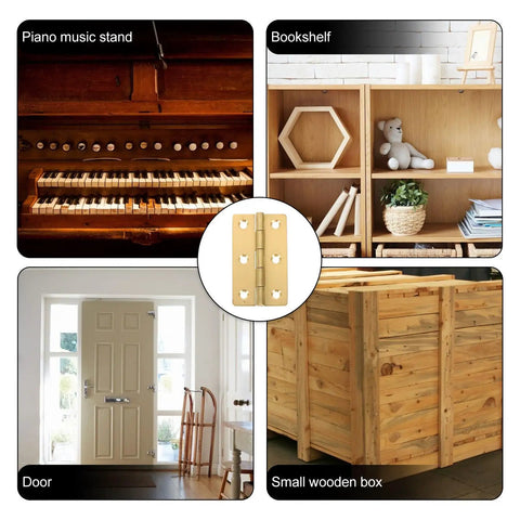 Golden Copper Piano Hinges Set, 4 Pcs For Jewelry Boxes And Wood Cabinets shown with piano, bookshelf, door, wooden box.