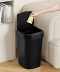 Person using 3 Pack Slim Trash Can With Pop Up Lid 2.6 Gallon 10 Liter Black Waste Bins for Bathroom Kitchen Office Bedroom Under Sink
