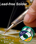 Person soldering PCB with No Lead Solder Wire 1.0mm Sn99.3Cu0.7 With 2.2 Rosin Core Flux, lead-free spool visible.