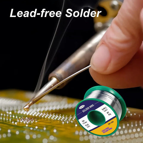 Person soldering PCB with No Lead Solder Wire 1.0mm Sn99.3Cu0.7 With 2.2 Rosin Core Flux, lead-free spool visible.