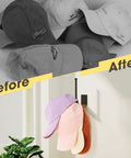 Heavy Duty Stainless Steel Hat Organizer And Hat Rack For Wall shown with baseball caps before and after organization.