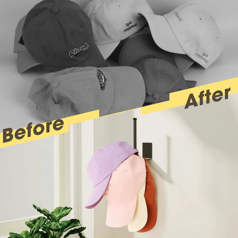 Heavy Duty Stainless Steel Hat Organizer And Hat Rack For Wall shown with baseball caps before and after organization.