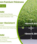 Cross-section of Big League Golf Hitting Mat 5x4ft Or 6x4ft For Indoor Or Outdoor Practice showing 16mm turf and 10mm EVA base.