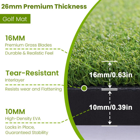 Cross-section of Big League Golf Hitting Mat 5x4ft Or 6x4ft For Indoor Or Outdoor Practice showing 16mm turf and 10mm EVA base.