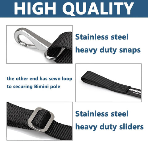 Close-up of Heavy Duty Bimini Boat Top Straps with stainless steel hooks and adjustable nylon webbing for marine use.
