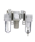 Dual Air System One Quarter Inch NPT With Air Filter Regulator Lubricator And Free Air Port, clear poly bowl, front view