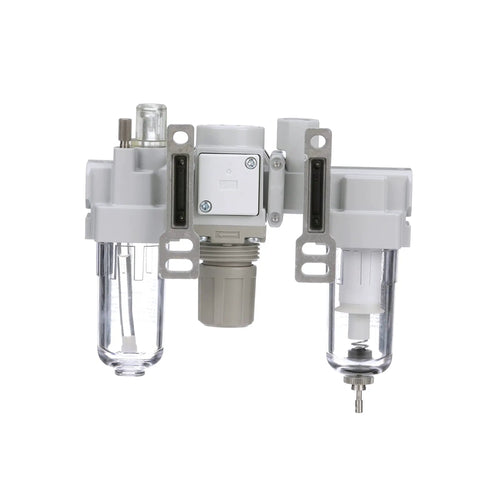 Dual Air System One Quarter Inch NPT With Air Filter Regulator Lubricator And Free Air Port, clear poly bowl, front view
