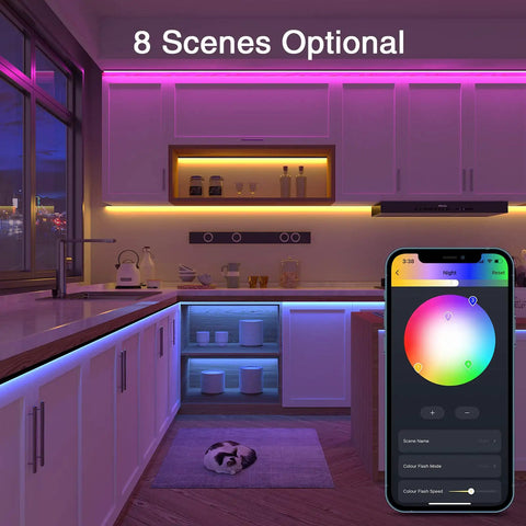 Smart LED Strip Lights 16.4ft RGB With Alexa Voice Control, Gosund App, color-changing kitchen backlight, 8 scene settings.