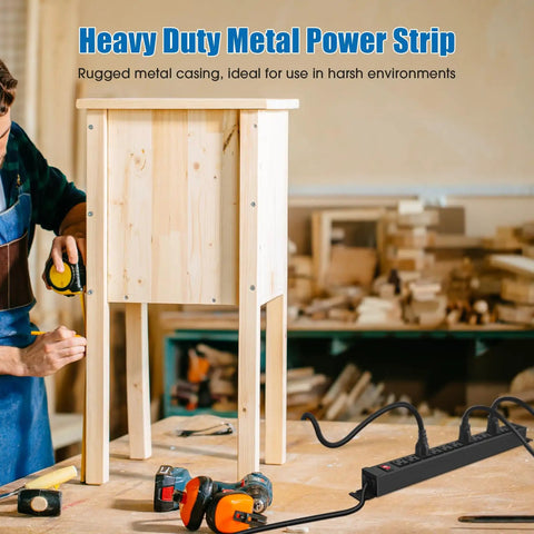 Rotating Mountable Power Strip With 12 Outlets And Wall Mount Heavy Duty Metal Surge Protector in a workshop setting