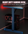 Side view of 55 Inch Gaming Desk With LED Lights And Large Mouse Pad For Home Office, T Shaped Carbon Fiber Surface PC Game Workstation.