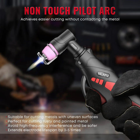Gloved hand holding Dual Voltage Plasma Cutter 110V And 220V, 55A Pilot Arc With LED Display And Air Sensor, IGBT Inverter, black.