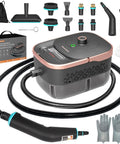 Portable Handheld Steam Cleaner With 16 Versatile Attachments, rose gold finish, includes various cleaning tools and accessories.