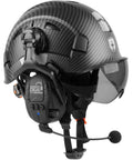 Top Shelf Vented Hard Hat Featuring Bluetooth Hearing Protection And Dual Layer Drop Down Visor, side view with ear protection and visor.