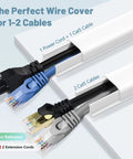 2 Cords Wire Cover Kit for Wall Mounts White PVC Cord Concealer for Extension Cords Ethernet Cables and Speaker Wires 0.7 in W by 0.4 in H Durable Odorless Fire Resistant No Yellowing showing power and Cat5 cables organized in concealer