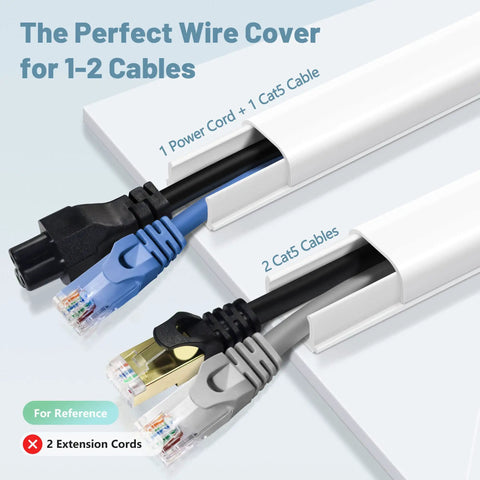 2 Cords Wire Cover Kit for Wall Mounts White PVC Cord Concealer for Extension Cords Ethernet Cables and Speaker Wires 0.7 in W by 0.4 in H Durable Odorless Fire Resistant No Yellowing showing power and Cat5 cables organized in concealer