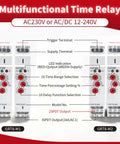 Multifunction Time Relay 16A with 10 Functions for AC DC 12V 240V Relay GRT8 M2, showing terminals and LED indications, compact design.